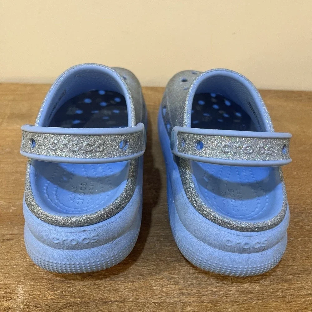 Crocs Kids C13 Platform Clogs Blue Glitter Classic Comfort Strap Slip‎ On Shoes